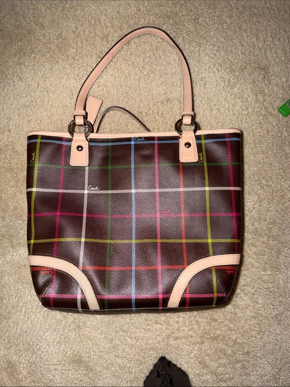 Coach Brown Plaid Tote with Pink Trim and Multicolor Lines